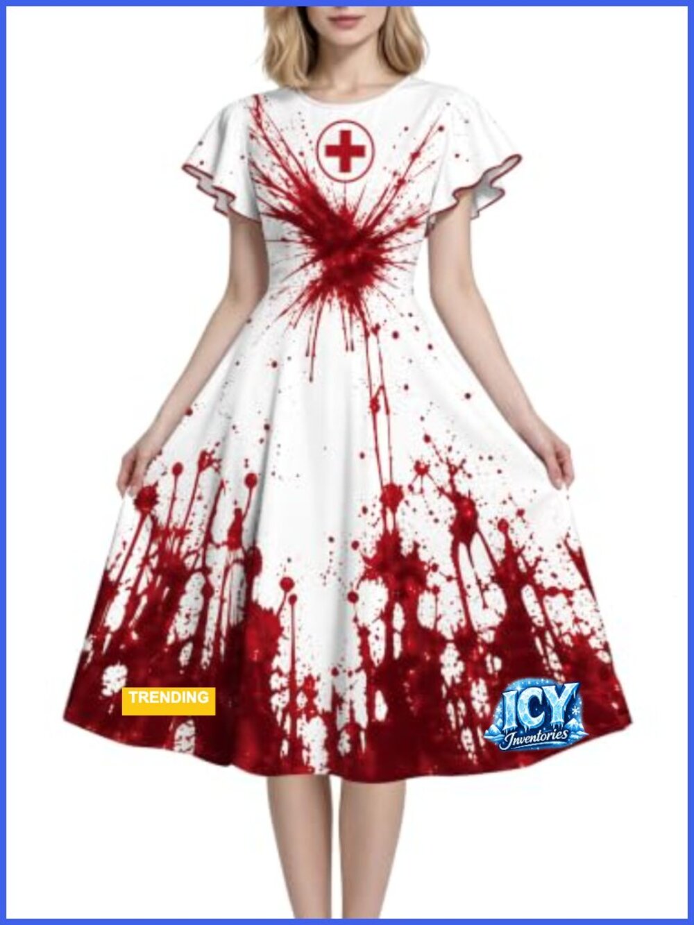 96% Polyester 4% Spandex Halloween Ruffle Sleeve Party Dress Midi